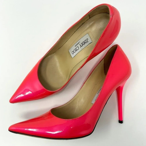 Jimmy Choo Patent Leather Romy 85 Pointed Toe Heels Pumps Hot Pink  Sz 8 - Picture 1 of 10
